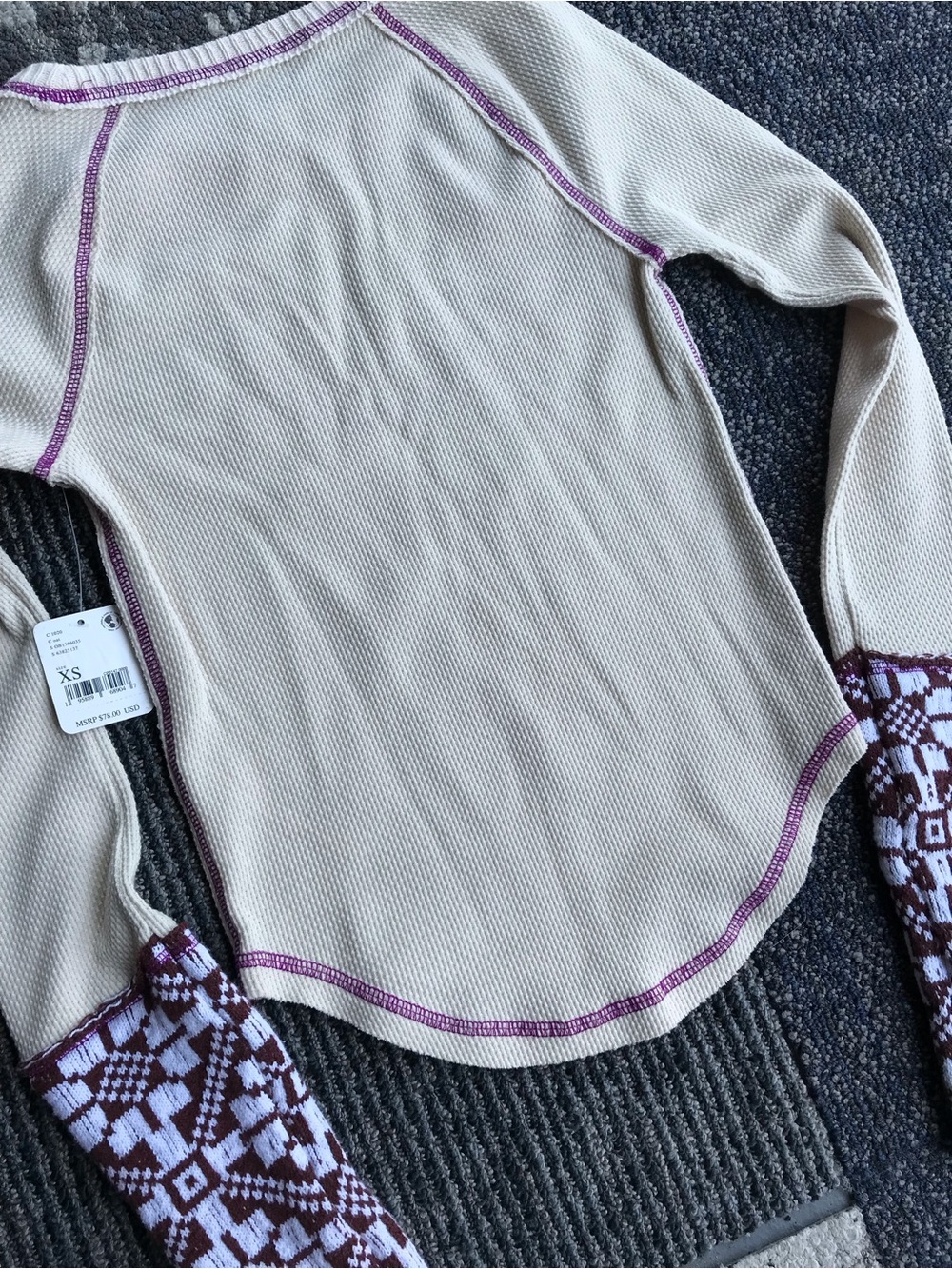 Beige Thermal Top with Purple Stitching and Patterned Cuffs